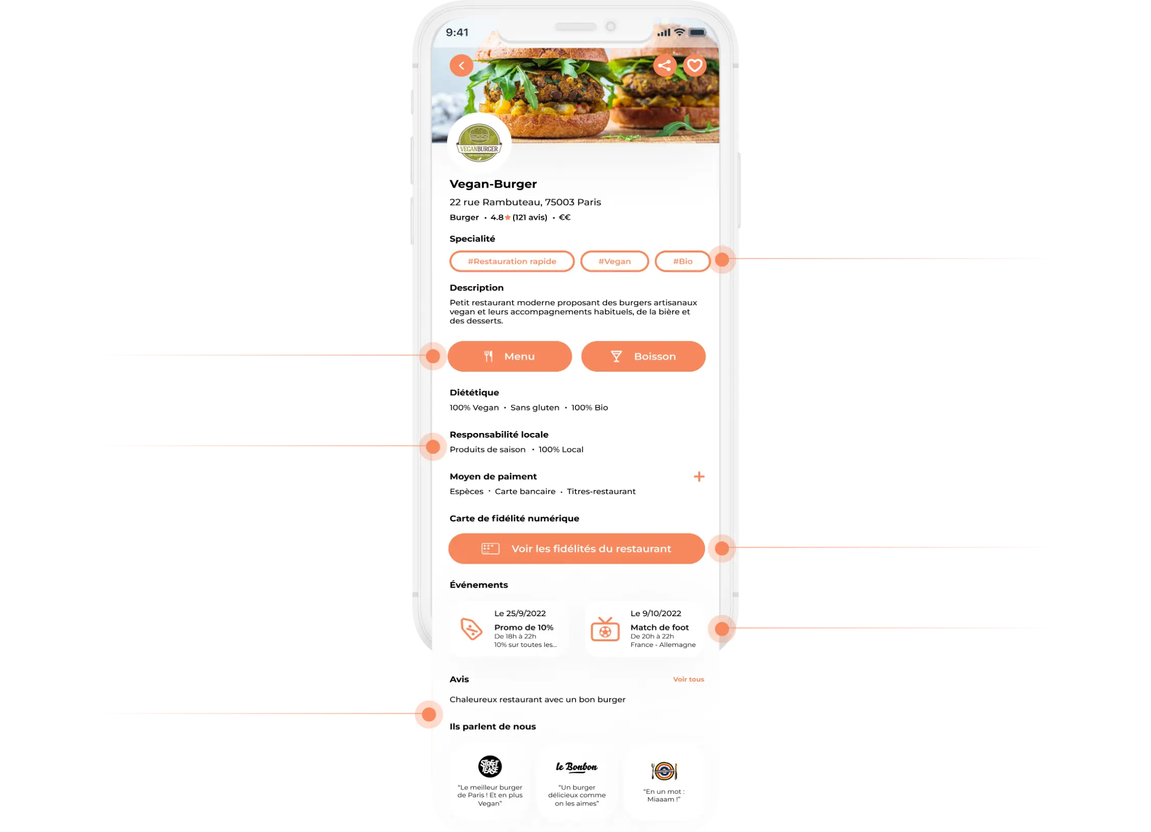 illustration d'une page d'un restaurant dans l'application de Fedhubs
